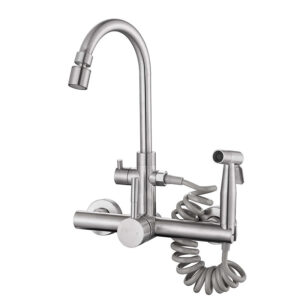 304 Stainless Steel Double-Hole Wall-Mounted Multifunctional Rotating Kitchen Faucet with Hot and Cold Water